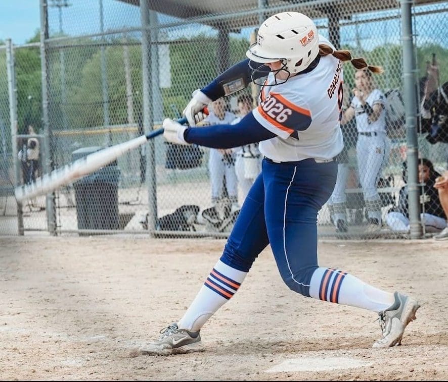Donaldson connects at the plate during a summer travel ball tournament. The 2026 standout is a powerful left-handed pitcher and a key contributor for Top Gun 18 National – Turner.