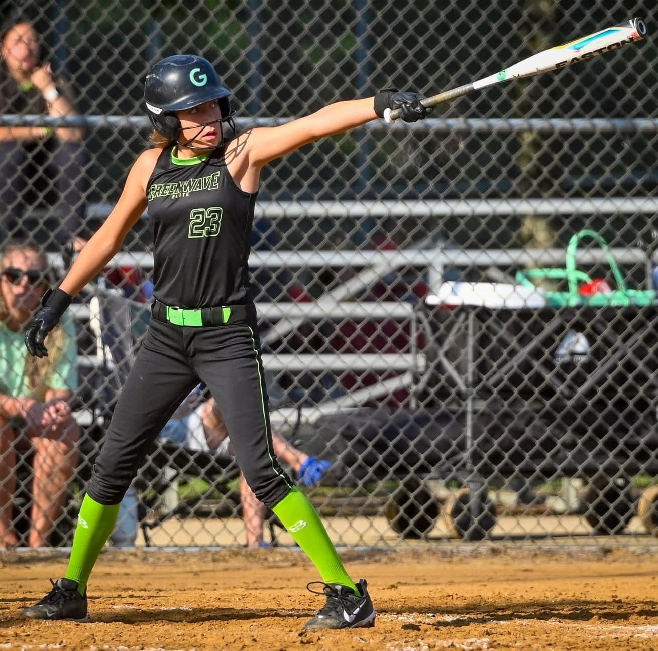 At the plate, Claire Lebrecht eyes the pitcher during an at-bat in recent tournament play.