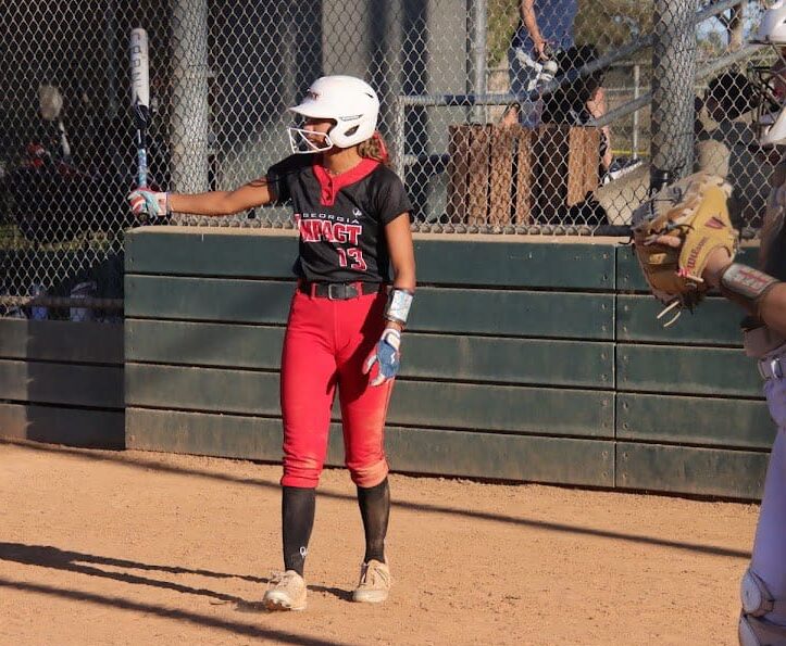 2028 OF Peyton Ushery of Georgia Impact Premier O’Neal prepares to bat during a tournament game.