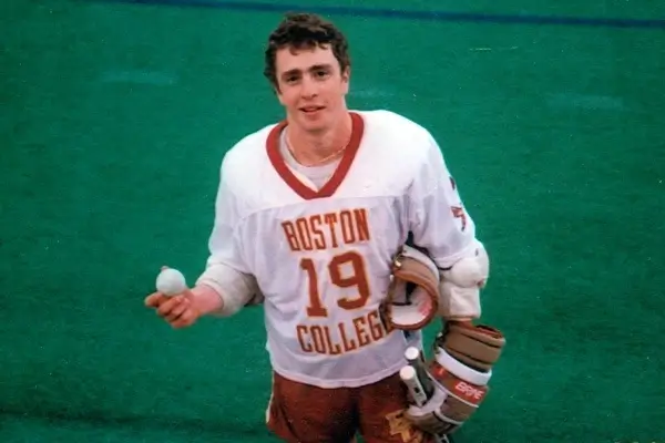Welles Crowther, No. 19, stands on the field during his Boston College lacrosse career. (Courtesy of Boston College)